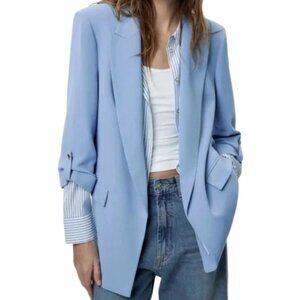 ZARA Baby Blue Oversized Rolled Sleeve Blazer Jacket Women’s Size XS Pastel Work